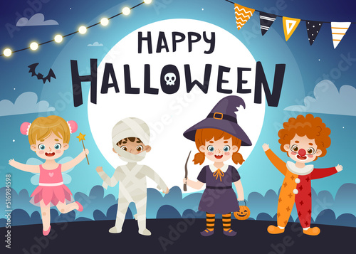 Halloween kids dressed up in costumes. Cute cartoon children on halloween night party.