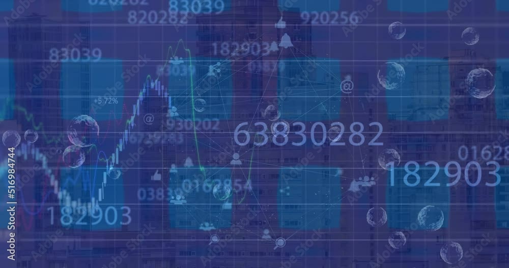 Animation of data processing and cityscape on black background Animation of data processing and cityscape on black background