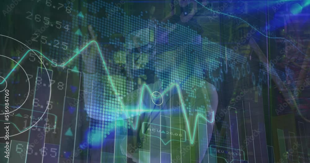 Animation of data processing over african american woman using vr headset Animation of data processing over african american woman using vr headset