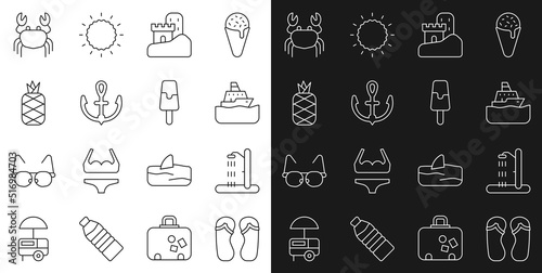 Set line Flip flops, Beach shower, Cruise ship, Sand castle, Anchor, Pineapple, Crab and Ice cream icon. Vector