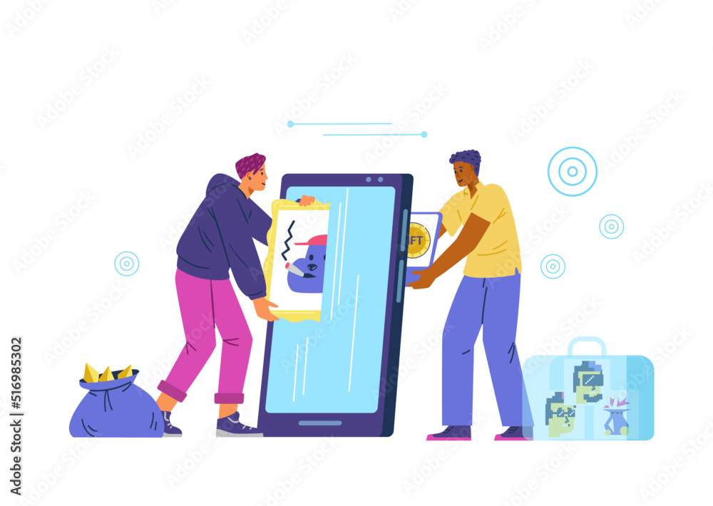 Artist selling NFT art to collector throught Internet concept vector illustration. Converting real painting into non-fungible token concept. Artist selling NFT art to collector throught Internet concept vector illustration. Converting real painting into non-fungible token concept.