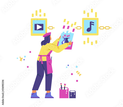 Woman artist selling NFT art concept. Posting non-fungible token on online marketplace  vector illustration. Placing art in block chain.