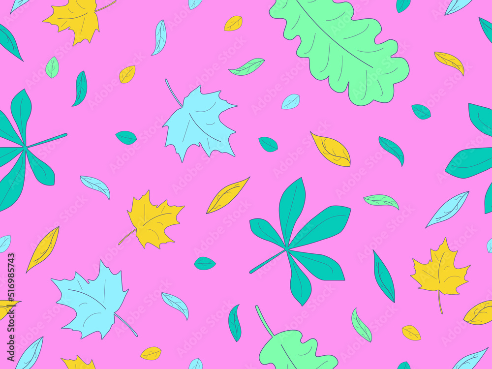 Colorful leaves seamless pattern. Autumn falling leaves, leaf fall. Oak and maple. Design for wrapping paper, print, fabric and printing. Vector illustration