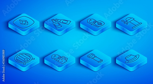 Set line Hop, Beer bottle, Glass of beer, Wooden mug, Bottle opener, Dispenser, barrel and Oktoberfest hat icon. Vector