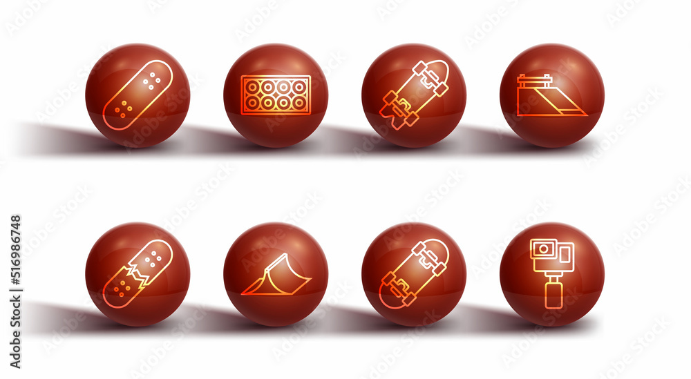 Set line Skateboard, Broken skateboard deck, park, wheel, Action camera and Longboard or icon. Vector Set line Skateboard, Broken skateboard deck, park, wheel, Action camera and Longboard or icon. Vector