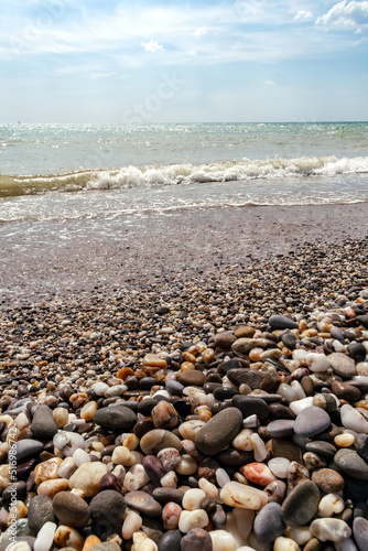 Pebble beach in Novofedorovka with beautiful stones