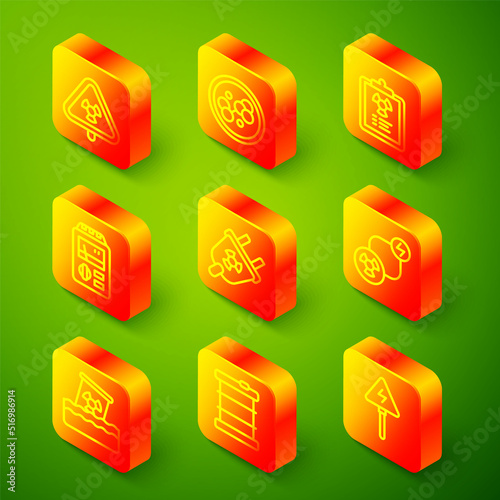 Set line Triangle with radiation, Molecule, Radiation warning document, Dosimeter, electrical plug, Radioactive exchange energy, waste barrel and icon. Vector