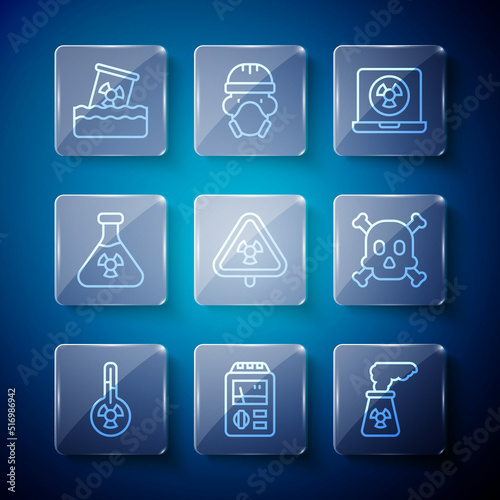 Set line Meteorology thermometer, Dosimeter, Nuclear power plant, laptop, Triangle with radiation, Test tube, Radioactive waste in barrel and Bones and skull warning icon. Vector