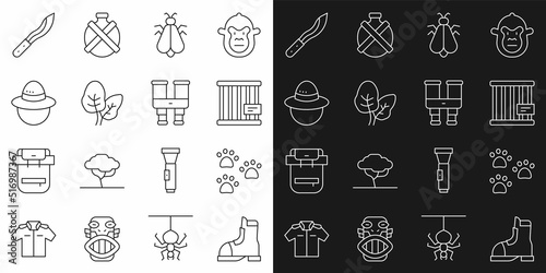 Set line Hunter boots, Paw print, Animal cage, Mosquito, Tropical leaves, Camping hat, Machete and Binoculars icon. Vector