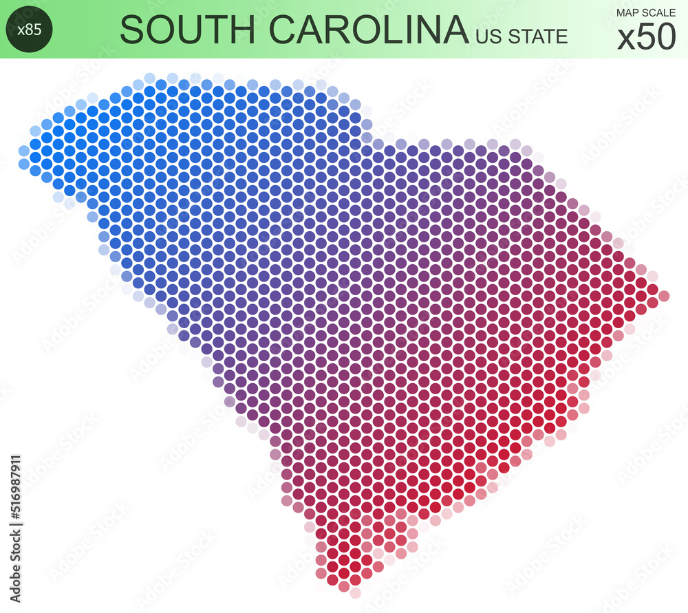 Dotted map of the state of South Carolina in the USA, from circles placed in hexagons. Scaled 50x50 elements. With rough edges from a color gradient and a smooth gradient from one color to another.