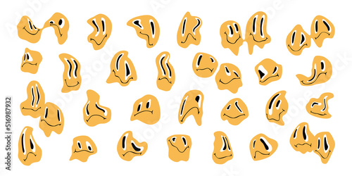 Set of melting groovy character faces with smile in 60s, 70s retro style. Hippie psychedelic distorted emoji. Design for t-shirts, stickers, cards, posters.