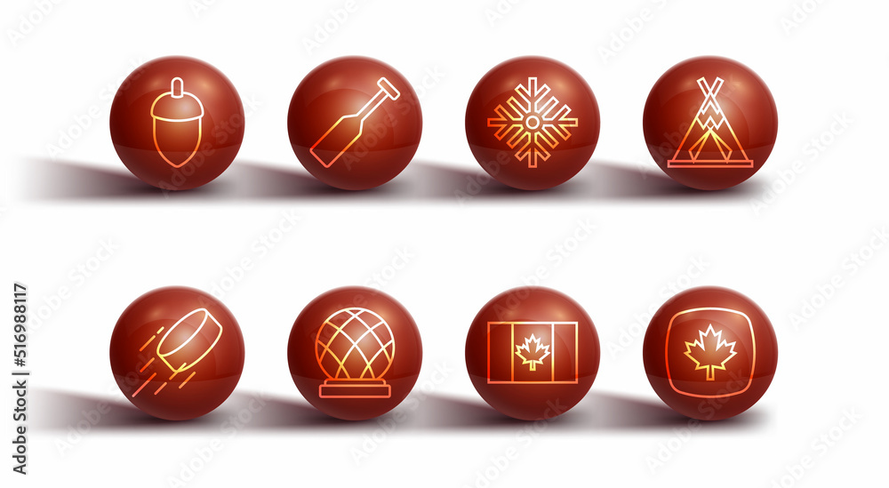 Set line Acorn, Hockey puck, Indian teepee wigwam, Flag of Canada, Montreal Biosphere, Paddle, Canadian maple leaf and Snowflake icon. Vector Set line Acorn, Hockey puck, Indian teepee wigwam, Flag of Canada, Montreal Biosphere, Paddle, Canadian maple leaf and Snowflake icon. Vector