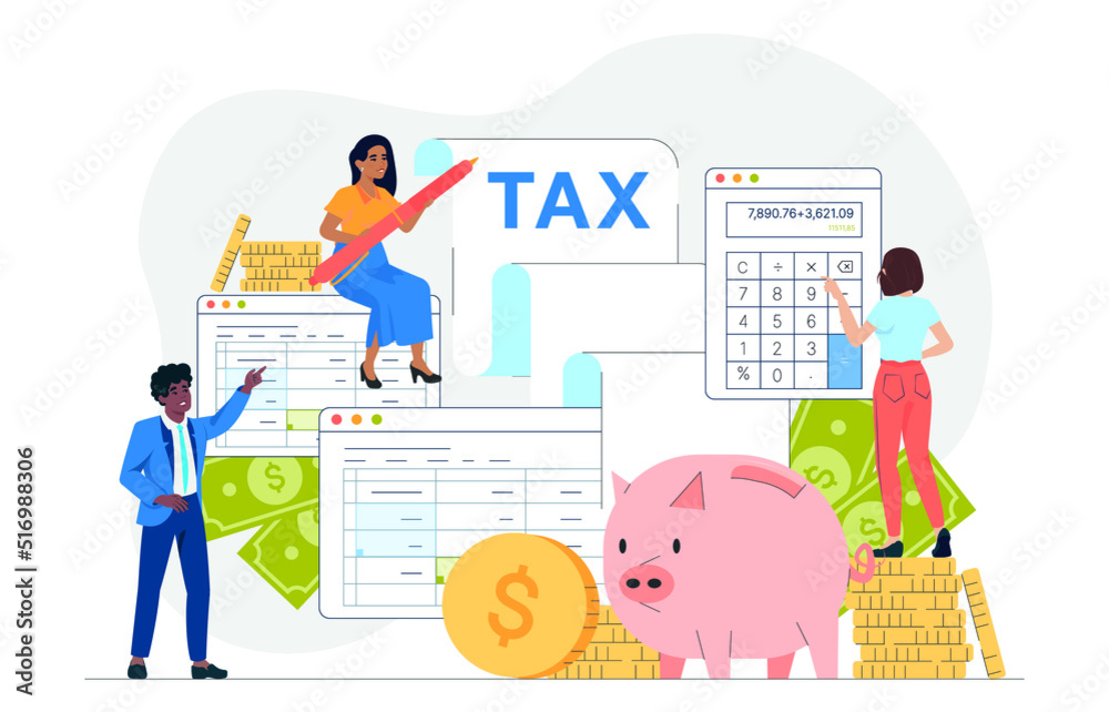 Tax management, Optimization. Duty. Piggy bank and coins with list of Tax. Payment time Tax management, Optimization. Duty. Piggy bank and coins with list of Tax. Payment time