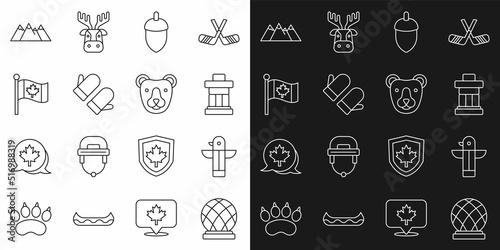 Set line Montreal Biosphere  Canadian totem pole  Inukshuk  Acorn  Christmas mitten  Flag of Canada  Mountains and Bear head icon. Vector