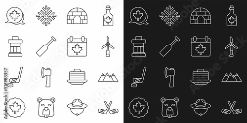 Set line Ice hockey sticks, Mountains, Wind turbine, Igloo ice house, Paddle, Inukshuk, Canadian maple leaf and Canada day with icon. Vector