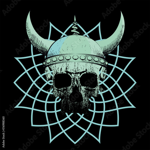 T-shirt vector design of a viking skull with horns isolated on black. Poster	
