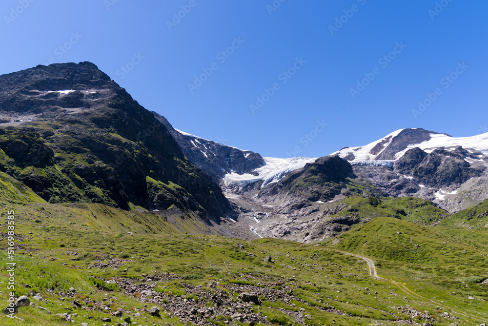 Beautiful scenic view of mountain panorama with Stone Glacier at Swiss mountain pass Susten on a sunny summer day. Photo taken July 13th, 2022, Susten Pass, Switzerland.