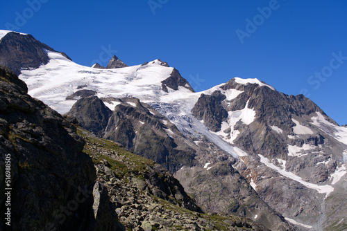 Beautiful scenic view of mountain panorama with Stone Glacier at Swiss mountain pass Susten on a sunny summer day. Photo taken July 13th  2022  Susten Pass  Switzerland.
