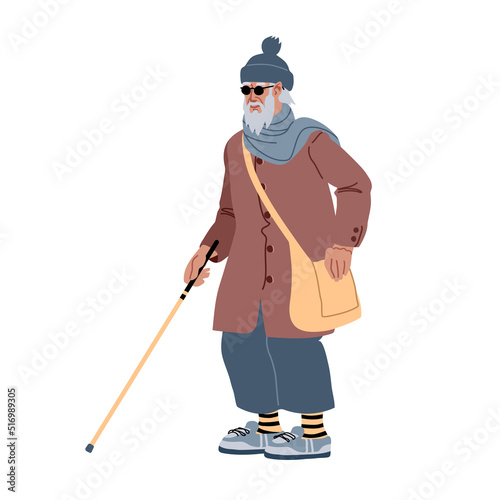 A blind old man with a walking stick and a travel bag. Vector illustration isolated on a white background in a cartoon and flat design.