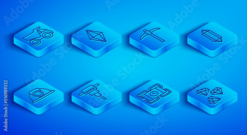 Set line Mining dump truck, Gem stone, Pickaxe, Construction jackhammer, Dynamite, Miner helmet and icon. Vector