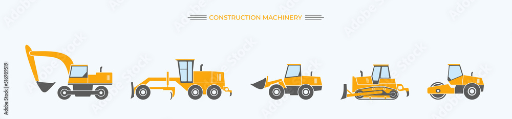 
Construction heavy machinery isolated set. Special equipment for construction work. Excavator, tractor, bulldozers, asphalt road roller, road grader.Commercial vehicles.Flat vector illustration. Icon