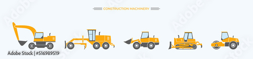 
Construction heavy machinery isolated set. Special equipment for construction work. Excavator, tractor, bulldozers, asphalt road roller, road grader.Commercial vehicles.Flat vector illustration. Icon