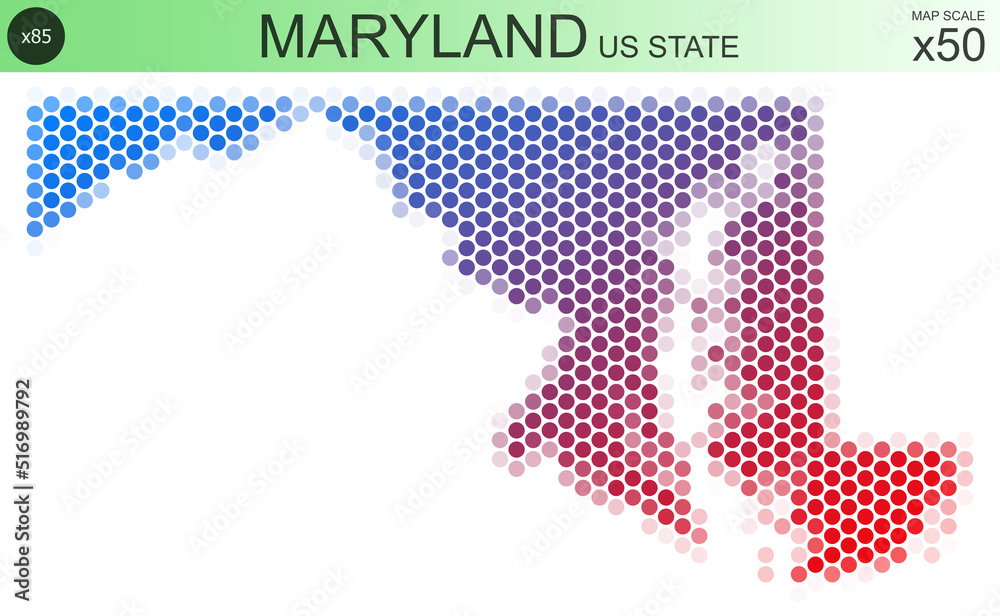 Dotted map of the state of Maryland in the USA, from circles placed in hexagons. Scaled 50x50 elements. With rough edges from a color gradient and a smooth gradient from one color to another.
