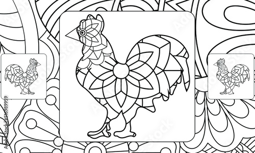 Hand drawn doodle outline rooster illustration. Decorative abstract ornate rooster drawing