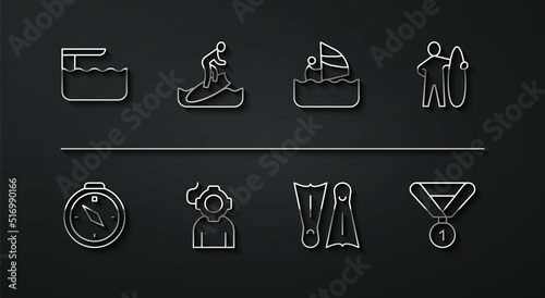 Set line Diving board or springboard, Compass, Surfboard, Flippers for swimming, Aqualung, Medal and Windsurfing icon. Vector