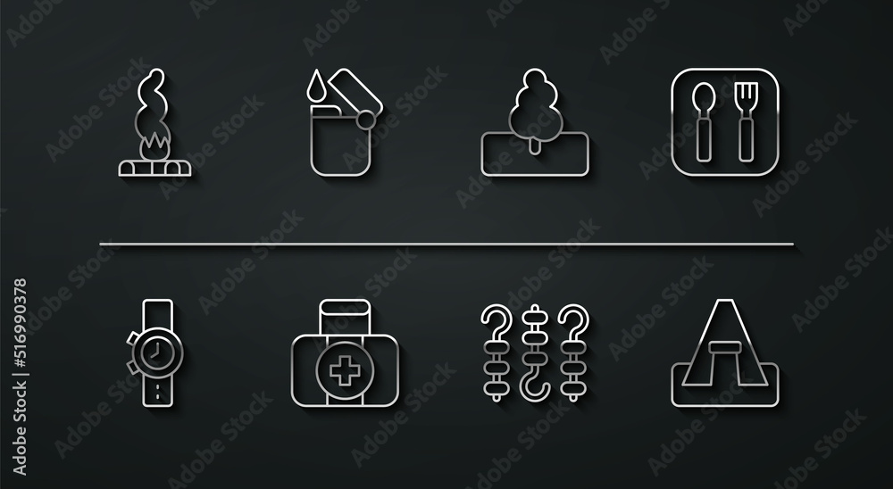 Set line Campfire, Wrist watch, Fork and spoon, Grilled shish kebab skewer, First aid kit, Lighter, Tourist tent and Tree icon. Vector Set line Campfire, Wrist watch, Fork and spoon, Grilled shish kebab skewer, First aid kit, Lighter, Tourist tent and Tree icon. Vector
