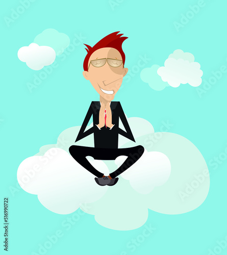 Man sitting in lotus position on the clouds. 
Man with eyes closed prays or meditates sitting as yoga on the clouds. Sky in background 
