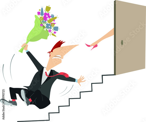 Love couple quarrel and fighting. 
Man with a flowers is given a kick to the ass the woman leg outside the open door and falls down the stairs
