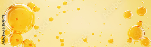 Golden yellow bubble oil or serum isolated on yellow background. concept skin care cosmetics solution. 3d rendering. photo