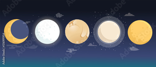 Collection of Moon and Full Moon illustrations. Great for Mid Autumn Festival, Full Moon Party. Vector design