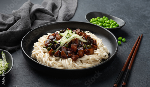 Jajangmyeon, Korean noodles in black bean sauce, selective focus photo