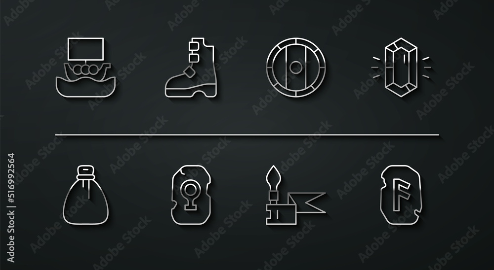 Set line Viking ship Drakkar, Old money bag, Gem stone, Medieval spear, Magic rune, Ancient viking boots, and Shield icon. Vector Set line Viking ship Drakkar, Old money bag, Gem stone, Medieval spear, Magic rune, Ancient viking boots, and Shield icon. Vector