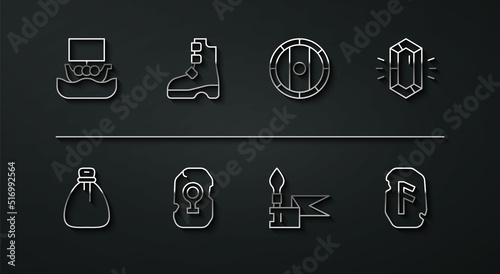 Set line Viking ship Drakkar, Old money bag, Gem stone, Medieval spear, Magic rune, Ancient viking boots, and Shield icon. Vector