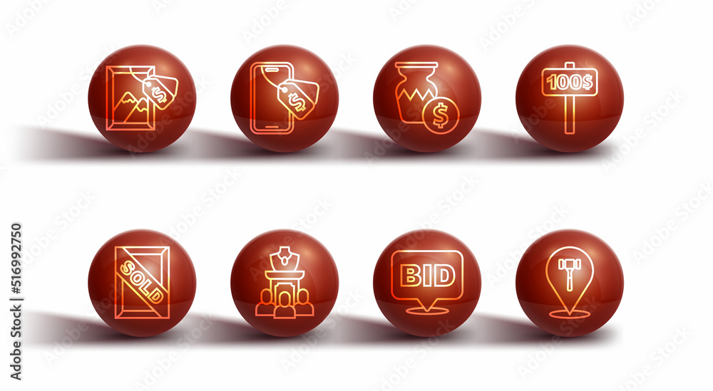 Set line Auction painting, sold, Hand holding auction paddle, Bid, jewelry sale, Online, hammer and ancient vase icon. Vector Set line Auction painting, sold, Hand holding auction paddle, Bid, jewelry sale, Online, hammer and ancient vase icon. Vector