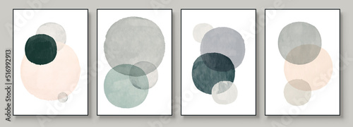 Set of Abstract Hand Painted Illustrations for Wall Decoration, Postcard, Social Media Banner, Brochure Cover Design Background. Modern Abstract Painting Artwork with Circle. Sphere Vector Pattern.	
