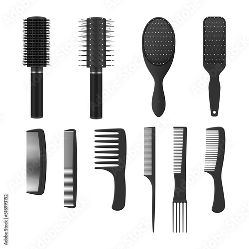 Professional combs for hair care set realistic vector illustration. Hairbrushes for hairstyle