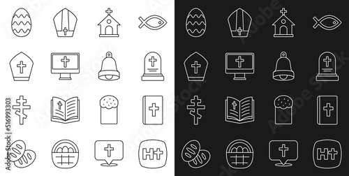 Set line Christian cross  Holy bible book  Grave with tombstone  Church building  monitor  Pope hat  Easter egg and bell icon. Vector