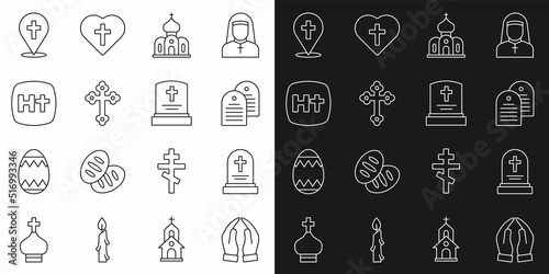 Set line Hands in praying position, Grave with tombstone, Holy bible book, Church building, Christian cross, Location church and icon. Vector