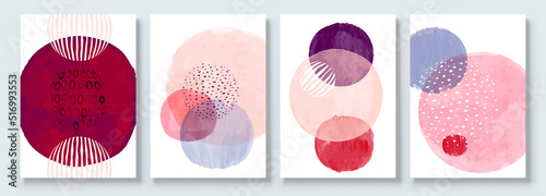 Set of Abstract Hand Painted Illustrations for Wall Decoration, Postcard, Social Media Banner, Brochure Cover Design Background. Modern Abstract Painting Artwork with Circle. Sphere Vector Pattern.	