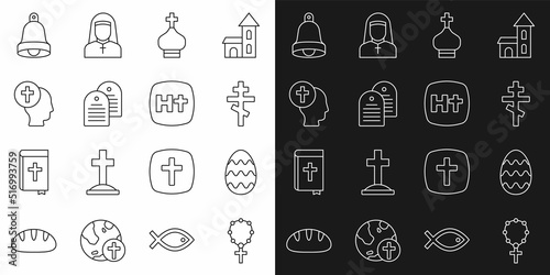 Set line Rosary beads religion, Easter egg, Christian cross, church tower, Holy bible book, Priest, Church bell and icon. Vector