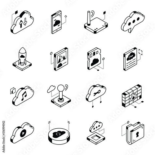 Isometric Line Icons of Cloud Tech

