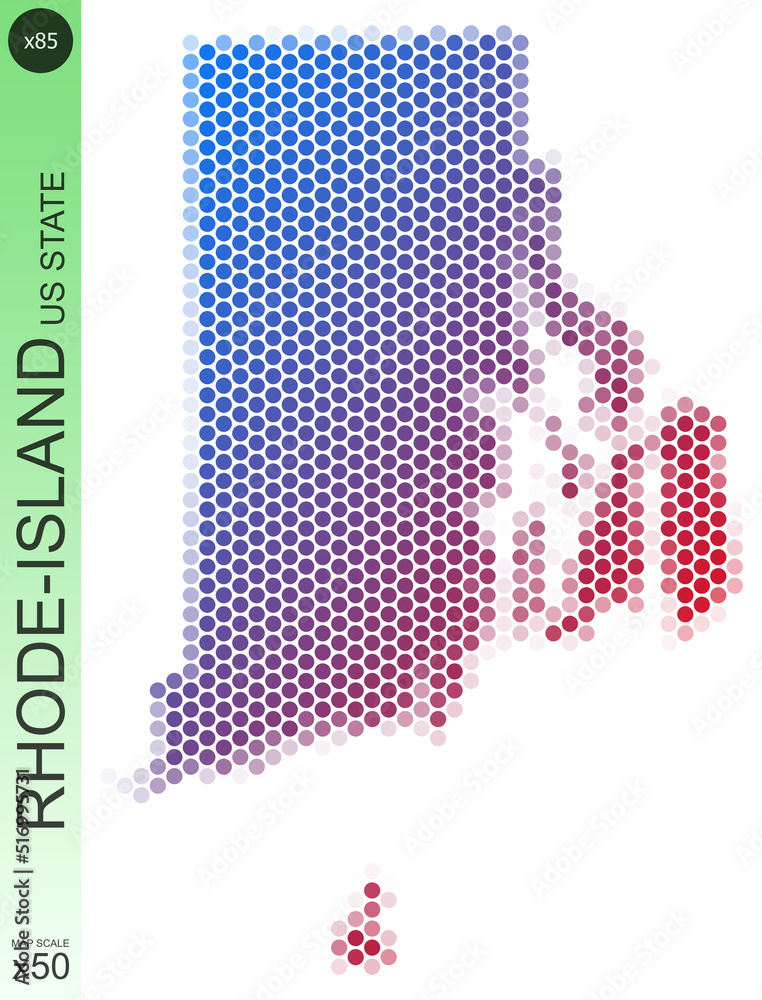 Dotted map of the state of Rhode-Island in the USA, from circles placed in hexagons. Scaled 50x50 elements. With rough edges from a color gradient and a smooth gradient from one color to another.