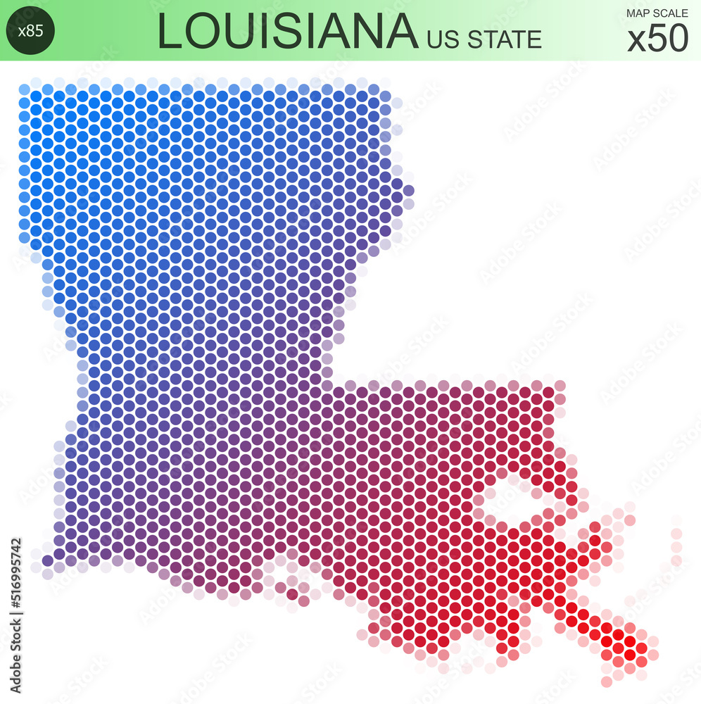 Dotted map of the state of Louisiana in the USA, from circles placed in hexagons. Scaled 50x50 elements. With rough edges from a color gradient and a smooth gradient from one color to another.