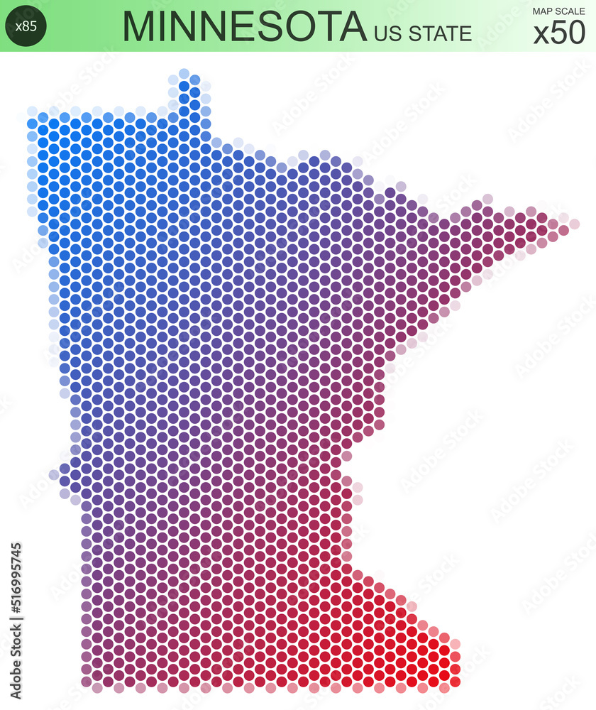 Dotted map of the state of Minnesota in the USA, from circles placed in hexagons. Scaled 50x50 elements. With rough edges from a color gradient and a smooth gradient from one color to another.