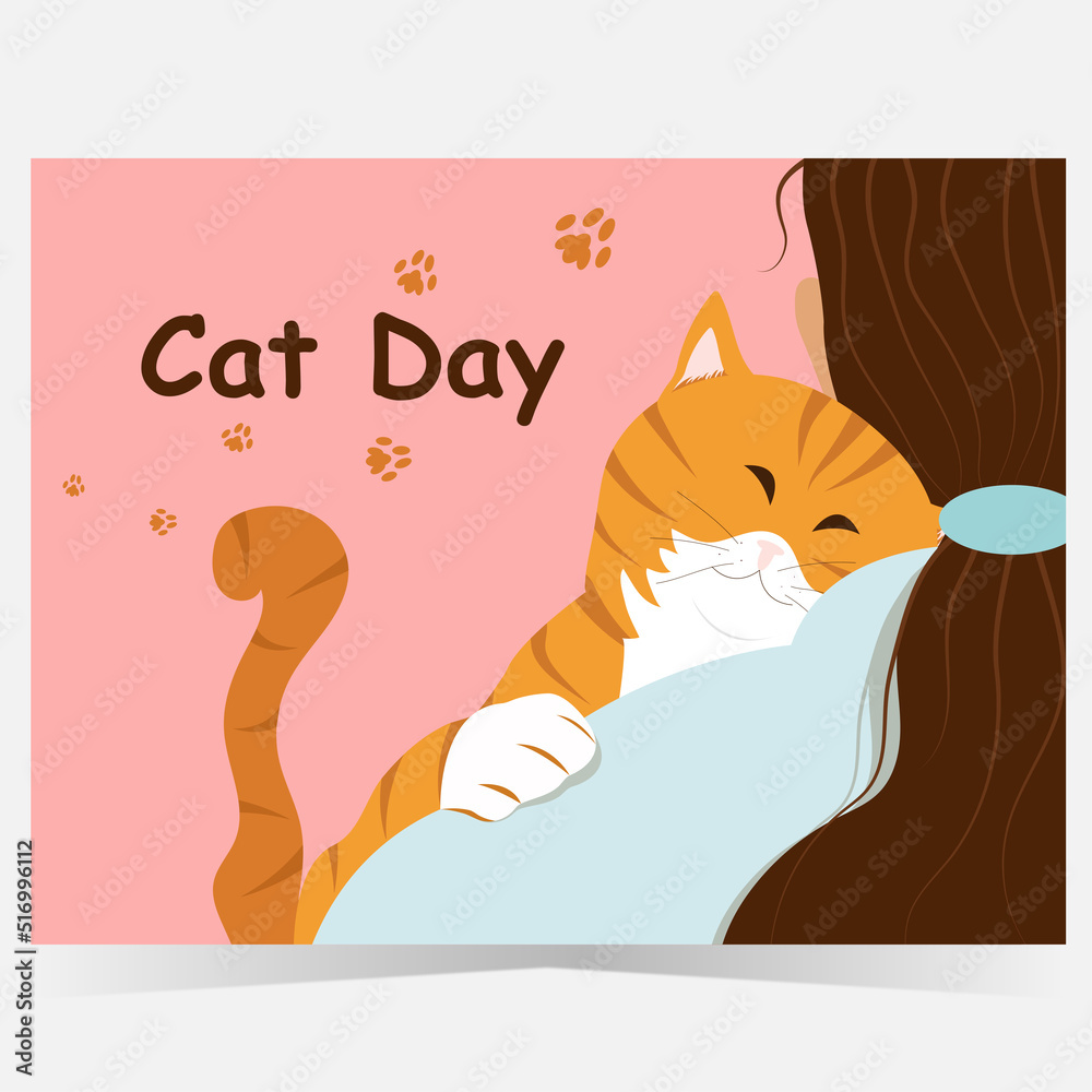 Red cat on girl's shoulder with happy face expression, cat day isolated vector illustration