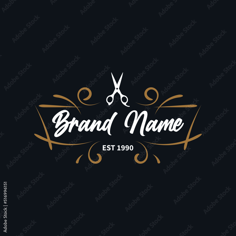 Vector Barber shop vintage logo with retro ornament isolated on a black background